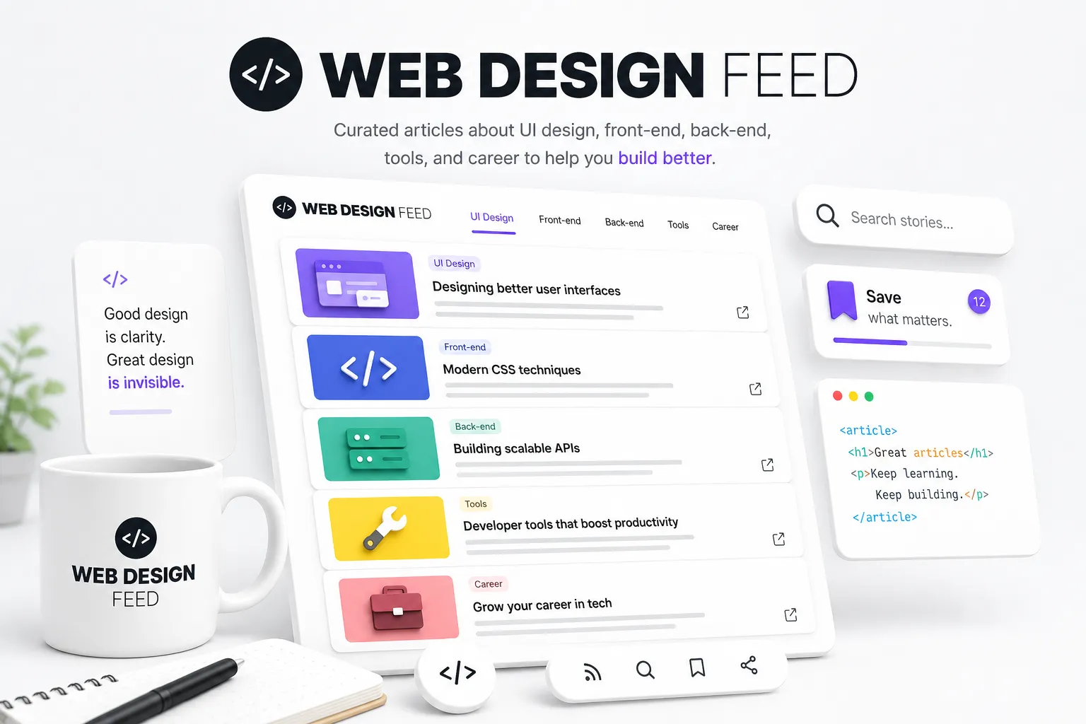 Web Design Feed illustration showing its curated article interface, categories, search, bookmarks, RSS, and sharing controls.